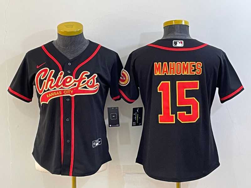 Womens Kansas City Chiefs #15 Patrick Mahomes Black With Patch Cool Base Stitched Baseball Jersey